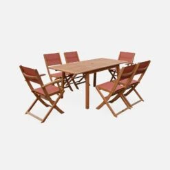 Table De Jardin Extensible Bois , 6 Chaises Couleur : Bois / Terra Cotta -Jardin Et Extérieur EC180R6TC 01