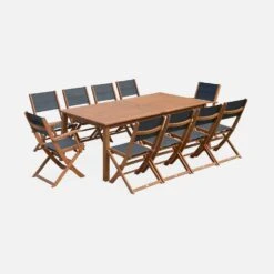 Table De Jardin Extensible Bois, 10 Chaises Couleur : Bois / Anthracite -Jardin Et Extérieur EC300R10AT 02