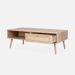 Table Basse Scandinave En Cannage, 1 Tiroir Couleur : Naturel -Jardin Et Extérieur IBOCOFTABLE 02