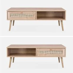 Table Basse Scandinave En Cannage, 1 Tiroir Couleur : Naturel -Jardin Et Extérieur IBOCOFTABLE 03