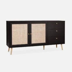 Buffet Scandinave Effet Bois Et Cannage 2 Portes 150 Cm Couleur : Noir -Jardin Et Extérieur IBOSIDEBOAXLBK 01