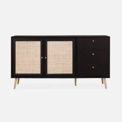 Buffet Scandinave Effet Bois Et Cannage 2 Portes 150 Cm Couleur : Noir -Jardin Et Extérieur IBOSIDEBOAXLBK 02