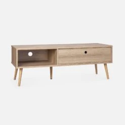Meuble TV Scandinave Effet Bois 2 Espaces De Rangement 120 Cm -Jardin Et Extérieur ISNTVS120NAT 01