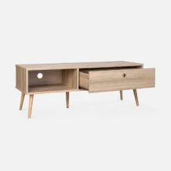 Meuble TV Scandinave Effet Bois 2 Espaces De Rangement 120 Cm -Jardin Et Extérieur ISNTVS120NAT 03