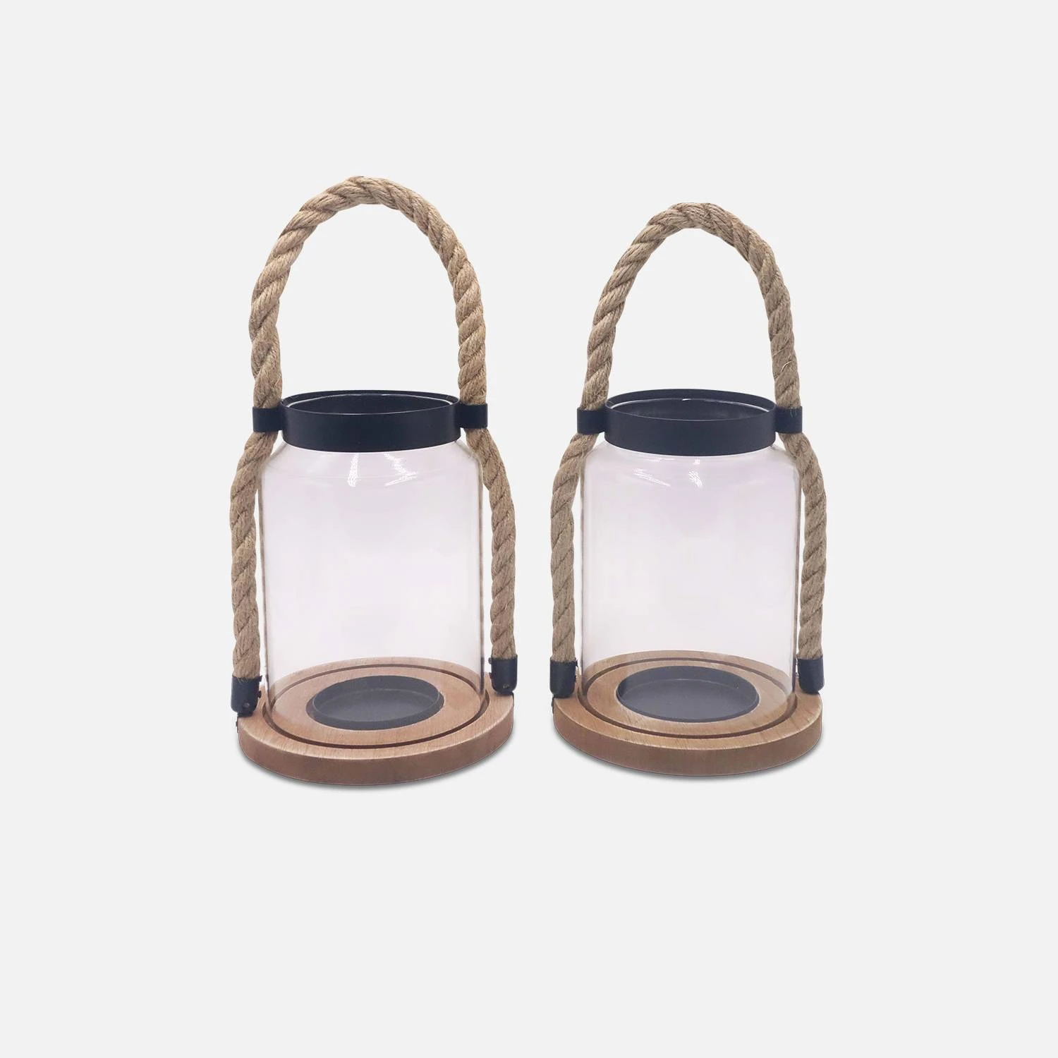 Lanterne En Verre, Anse En Corde Intérieur/extérieur (lot De 2) 3 Lanterne En Verre, Anse En Corde Intérieur/extérieur (lot De 2)