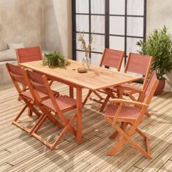 Table De Jardin Extensible Bois , 6 Chaises Couleur : Bois / Terra Cotta