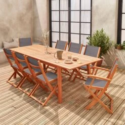 Table De Jardin Extensible Bois , 8 Chaises Couleur : Bois / Anthracite