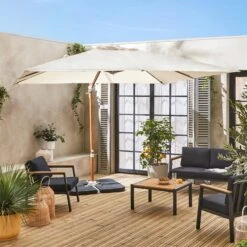 Parasol Déporté Carré 3x3m, Mât Effet Bois Couleur : Ecru