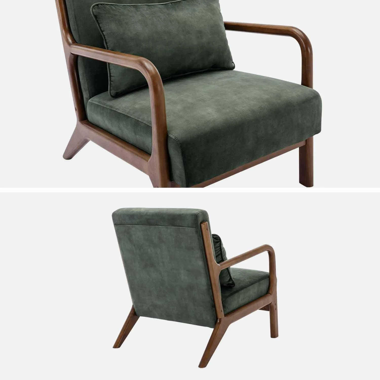 Fauteuil Scandinave Velours Et Bois D'hévéa Teinté Noyer Clair Couleur : Kaki 6 Fauteuil Scandinave Velours Et Bois D'hévéa Teinté Noyer Clair Couleur : Kaki – Image 4
