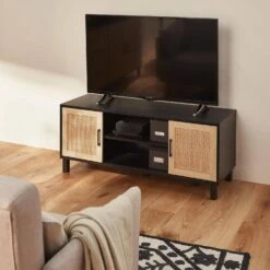 Meuble TV Scandinave Bois Et Cannage 115 Cm