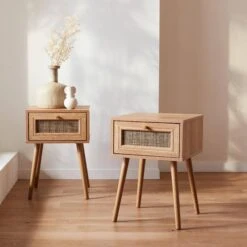 Lot De 2 Tables De Chevet Effet Bois Et Cannage