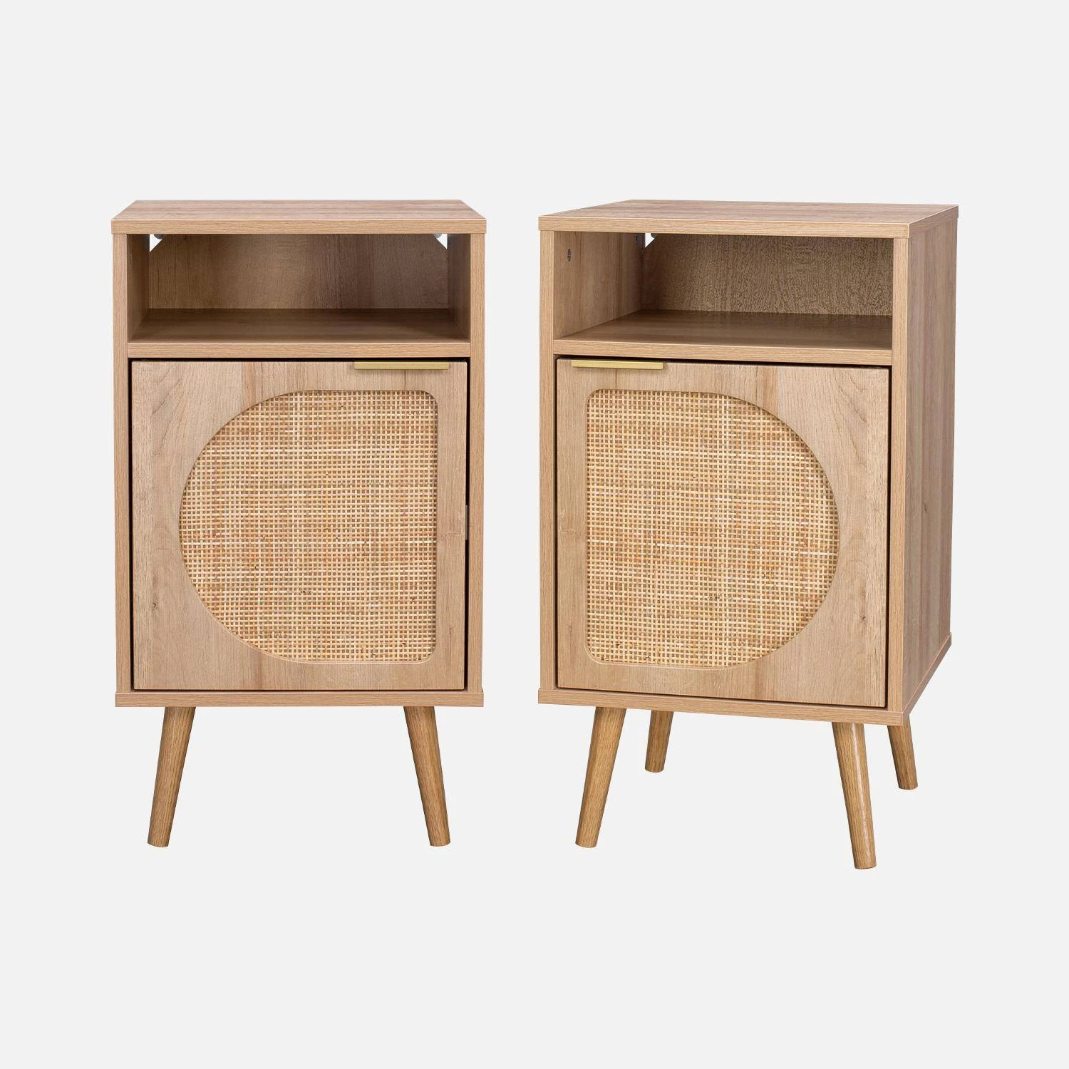 Lot De 2 Tables De Chevet Décor Bois, Cannage Arrondi 3 Lot De 2 Tables De Chevet Décor Bois, Cannage Arrondi
