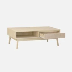 Table Basse Scandinave Décor Bois Rainuré 2 Niches, 1 Tiroir Couleur : Naturel -Jardin Et Extérieur ilincoftable 5f96ef8f0bbcbf898379eb23be7110d1