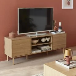 Meuble TV Effet Bois 2 Niveaux 3 étagères Et 2 Portes 160 Cm Couleur : Bois